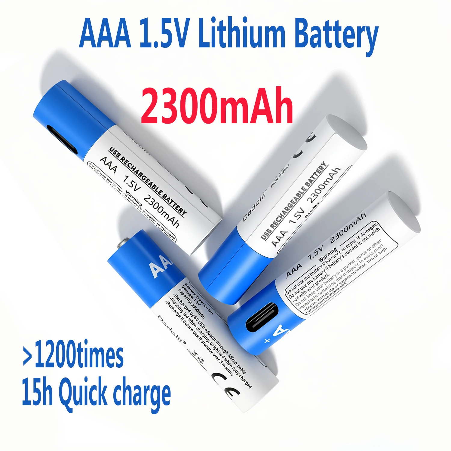 AAA 1.5V Rechargeable 2300mAh Battery 2000+ cycles Lithium Polymer Battery Quick Charging by Type-C Cable