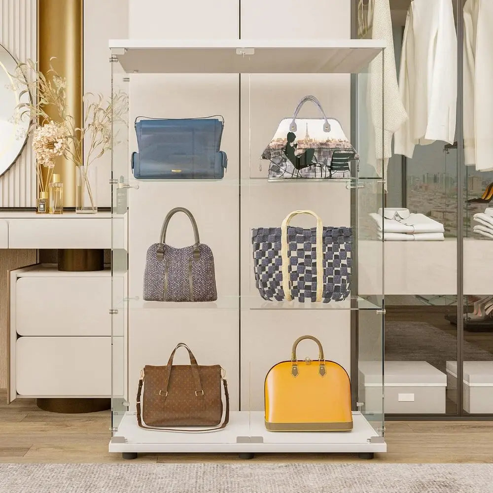 

3-Tier Lockable Glass Display Cabinet with 3 Shelves, Tempered Glass Door, Floor Standing Curio for Living Room, Bedroom or Offi