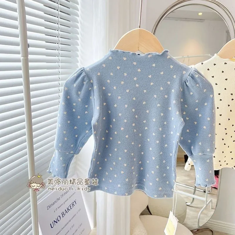 3-7 Years Kids T-Shirt Autumn Spring Half-turtleneck Puff Sleeves Heart Pattern Long Sleeved Tops Girls Cotton Clothes