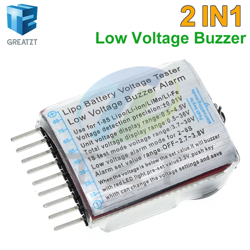 TZT 1-8S Lipo/Li-ion/Fe RC helicopter airplane boat etc Battery Voltage 2 IN1 Tester Low Voltage Buzzer Alarm