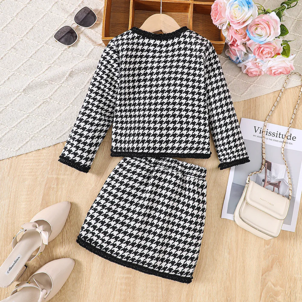 2024 Clothing Set Girls Long Sleeve Houndstooth Button Black Skirts 2 Pcs Sets Casual Girls Clothes Set 2-7T