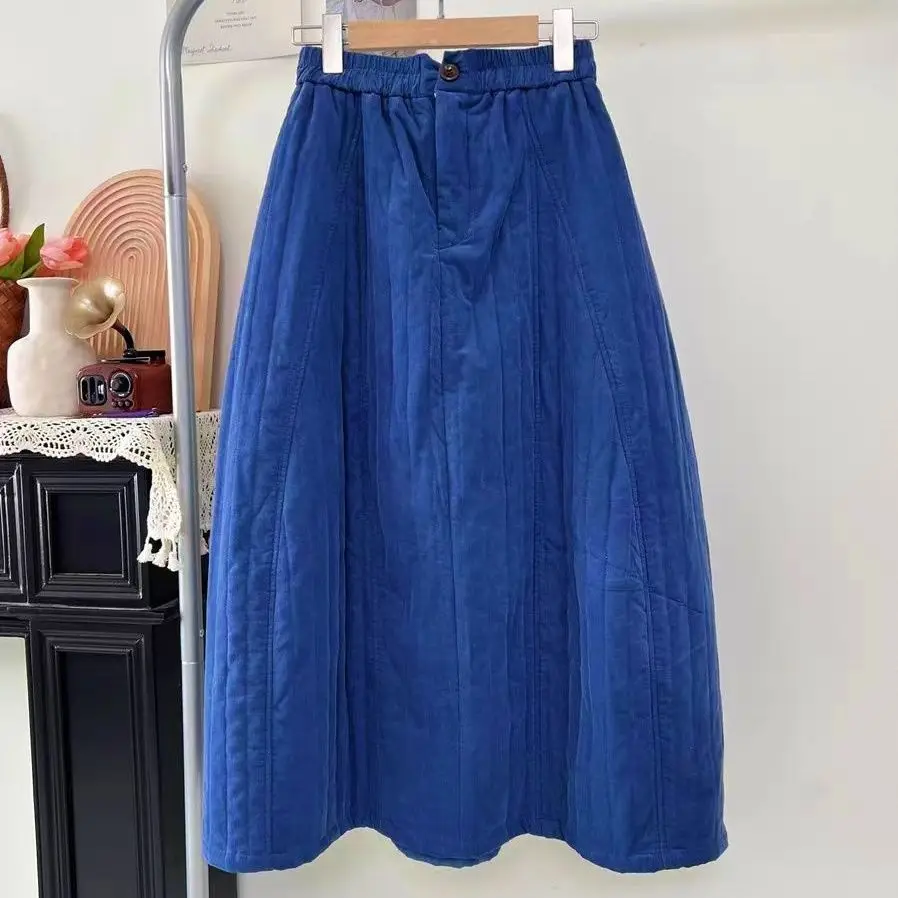Autumn and Winter Thick Long Skirt Retro Japanese Half Skirt High Waist Warm Apricot New Cotton Loose Half Skirt