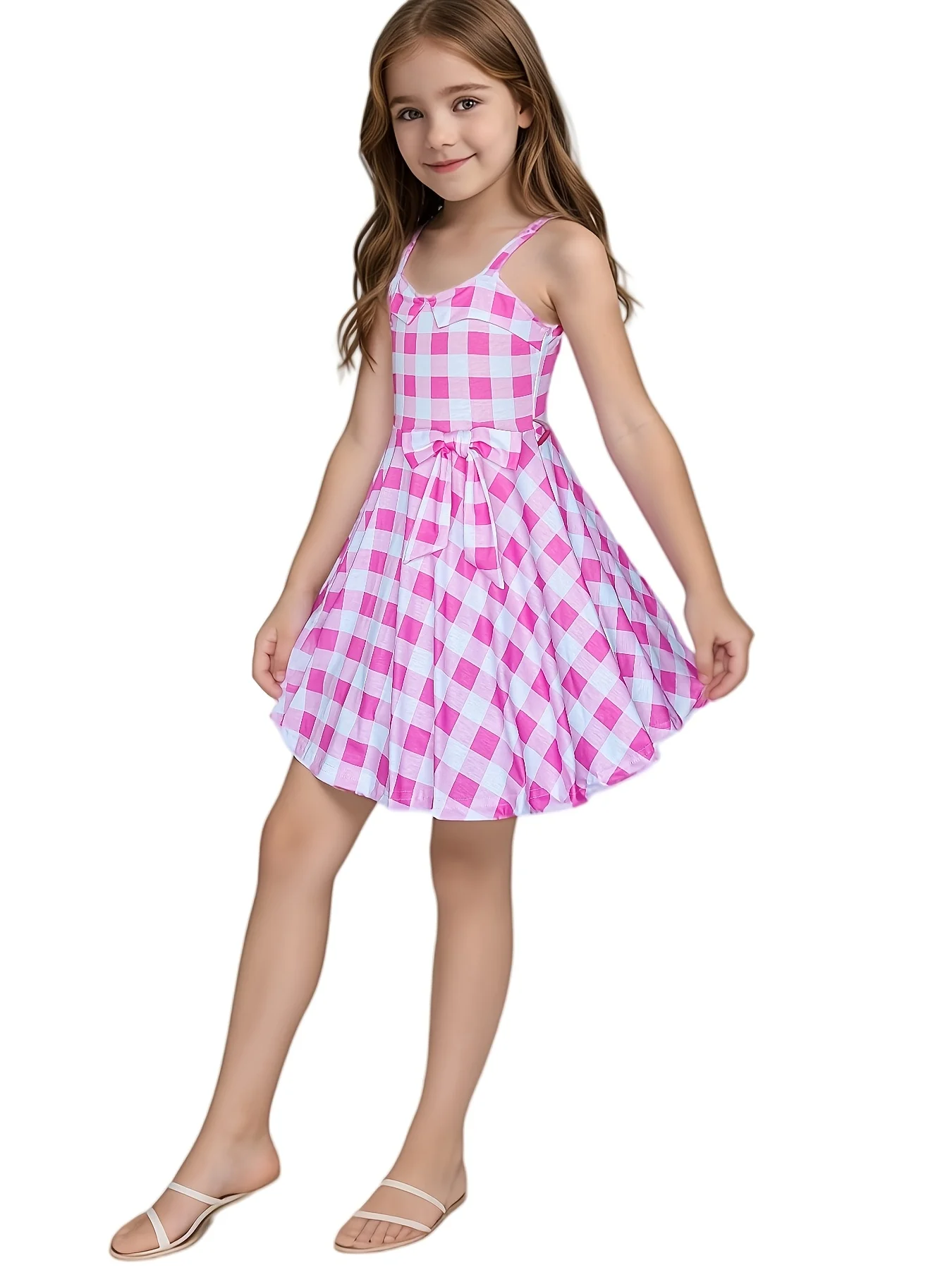 Valentine's Day Teenager Girls Pink Twirl Dress Plaid Cami Dress With Bow Checked Softest Wear For 3-14 Years