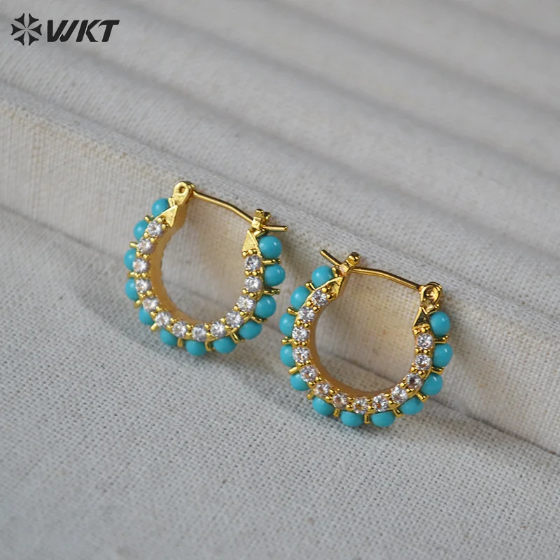 WT-E822 Luxury And Beautiful Turquoise Stone Beads Zircon Paved Circular Earrings For Women Commuter Decorative