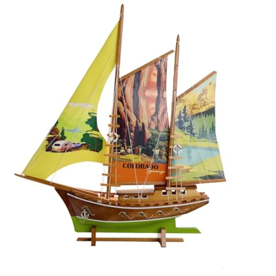 

Handmade Colorado Printed Fabric Sailing Yacht Ship Model: Wooden, Navy Blue, Traditional Nautical Miniature for Home Decor and