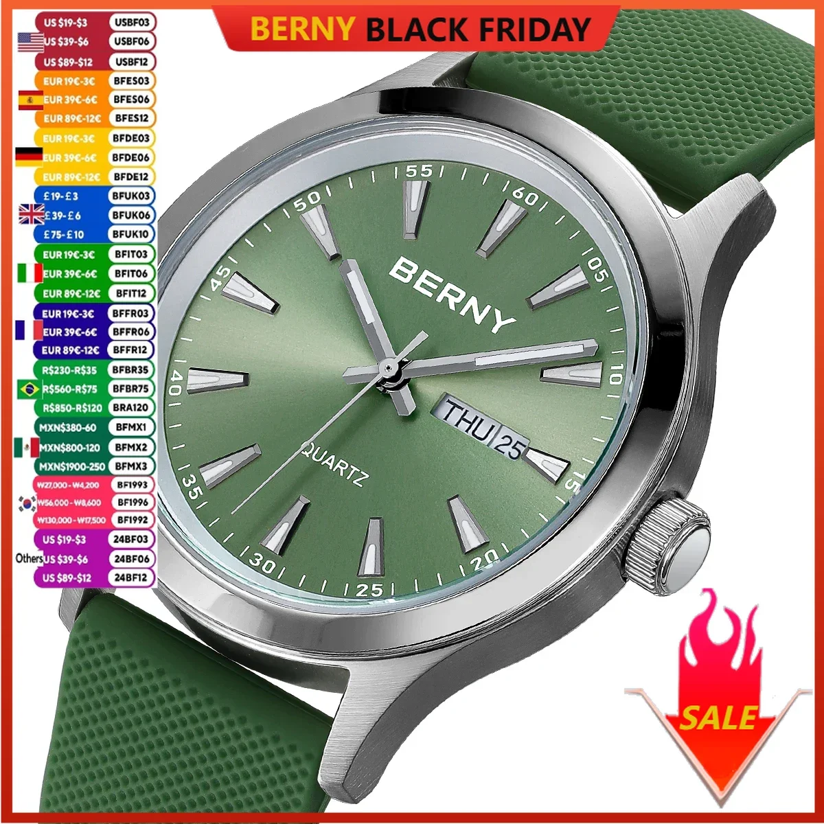 BERNY Watches for Men 40mm Luminous Elegance Dress Quartz Watch Calendar Week Luxury Waterproof Casual Business Men's Wristwatch