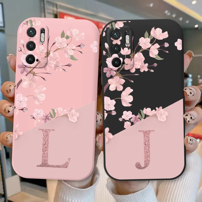 For Redmi Note 10 10T 5G Phone Case Pink Flowers Initial Letter A To Z Silicone Soft Back Cover For Redmi Note10T Alphabet Coque