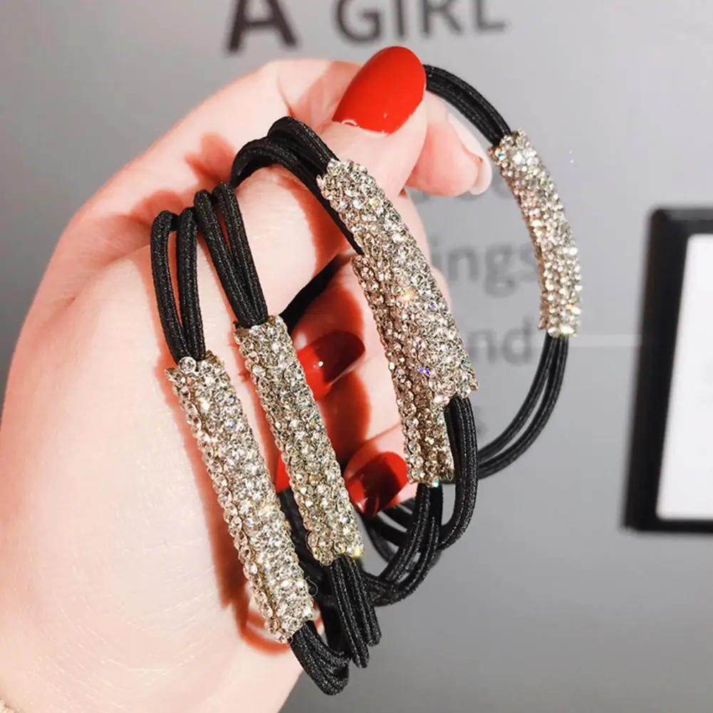 Rhinestone Decoration Hair Rope Rhinestone Hair Accessories Sparkling Rhinestone Hair Ties Double Layered Elastic for Girls