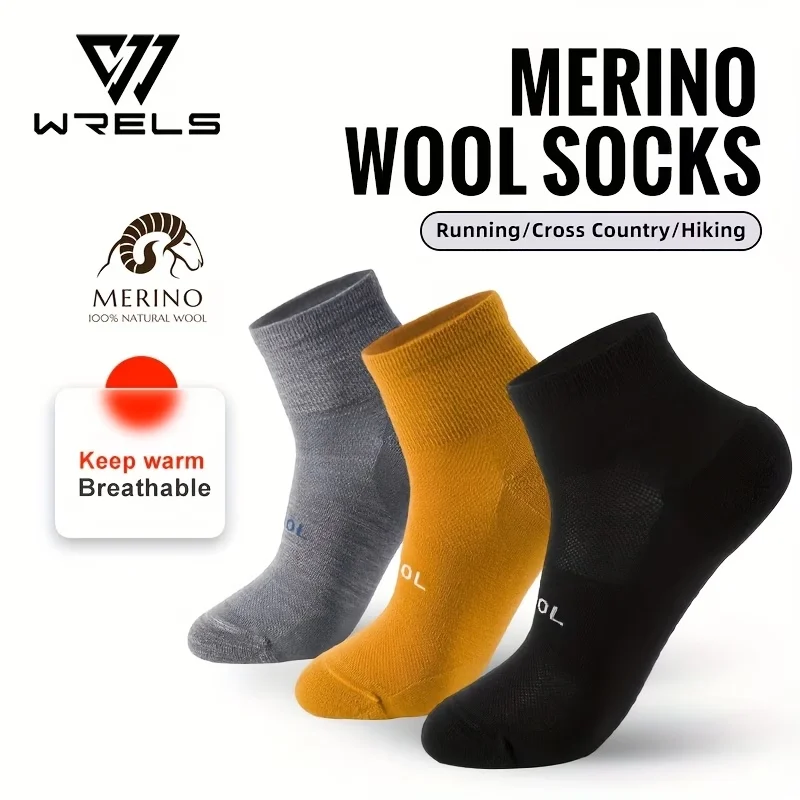 WRELS 1/2/3 Paar Merinowolle-Socken Anti-Blasen Feuchtigkeitsableitende Sportsocken Atmungsaktive Knöchel-Kompressionssocken
