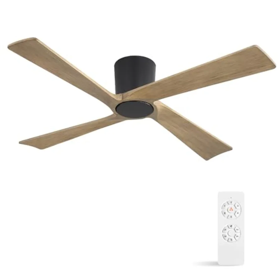 

Indoor and outdoor low profile ceiling fan, carved wood blades, black and gray, 48-inch flush mount DC motor with 6-speed rever