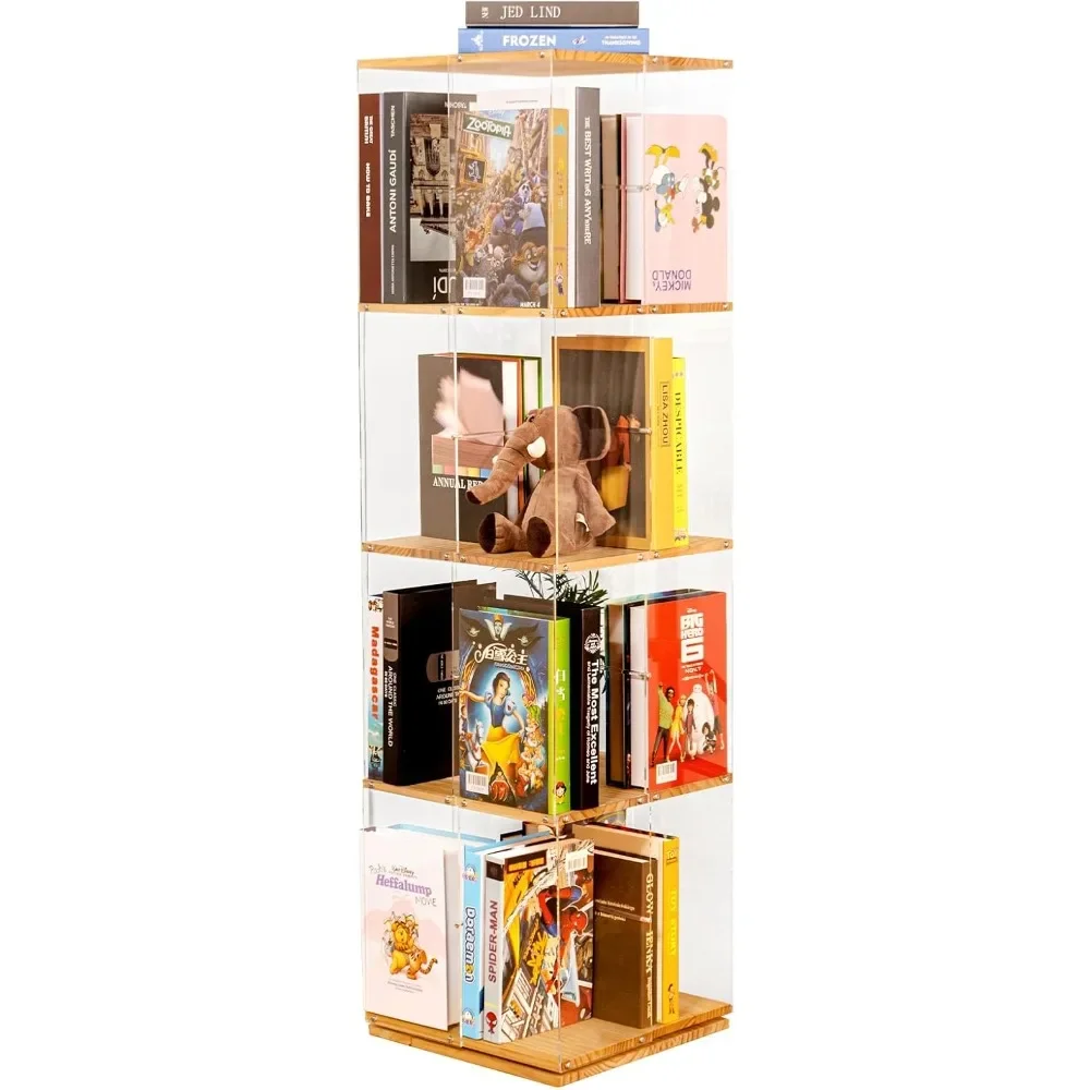 

Rotating Bookshelf, 360 Degree Revolving Bookcase, 4-Tier Spinning Bookshelf, Clear Acrylic & Solid Wood Rotating Bookcase