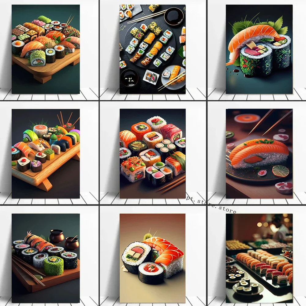 Japanese Popular Food Poster Painting Sushi Salmon Roll Caviar Seafood Canvas Print Wall Art Mural Restaurant Kitchen Home Decor