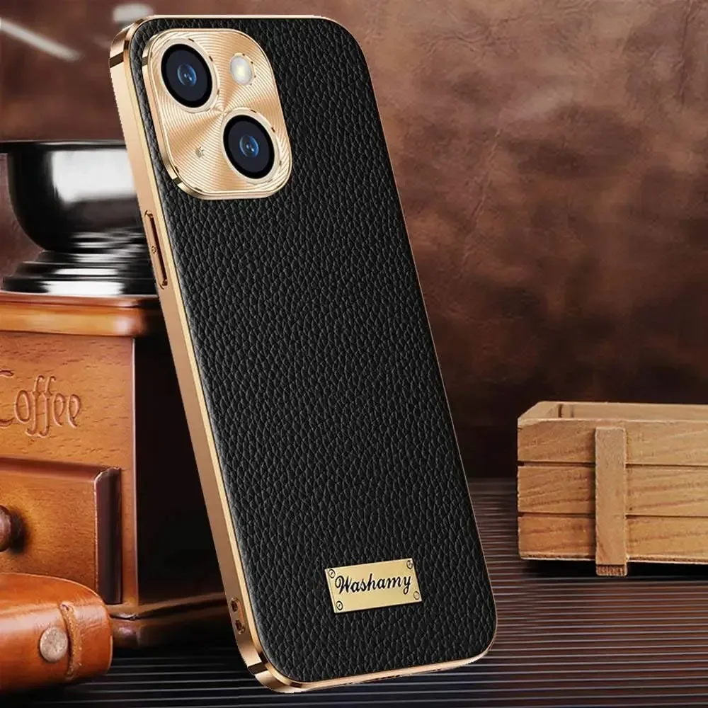 

Genuine Leather Case for Iphone 13 14 15 16 Pro Max Case Electroplate & Togo Leather Cover for Iphone 16Pro Phone Protector