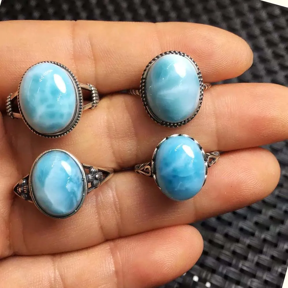 Top Grade 925 Sterling Silver Natural Larimar Tortoise-back Pattern Gemstone Rings