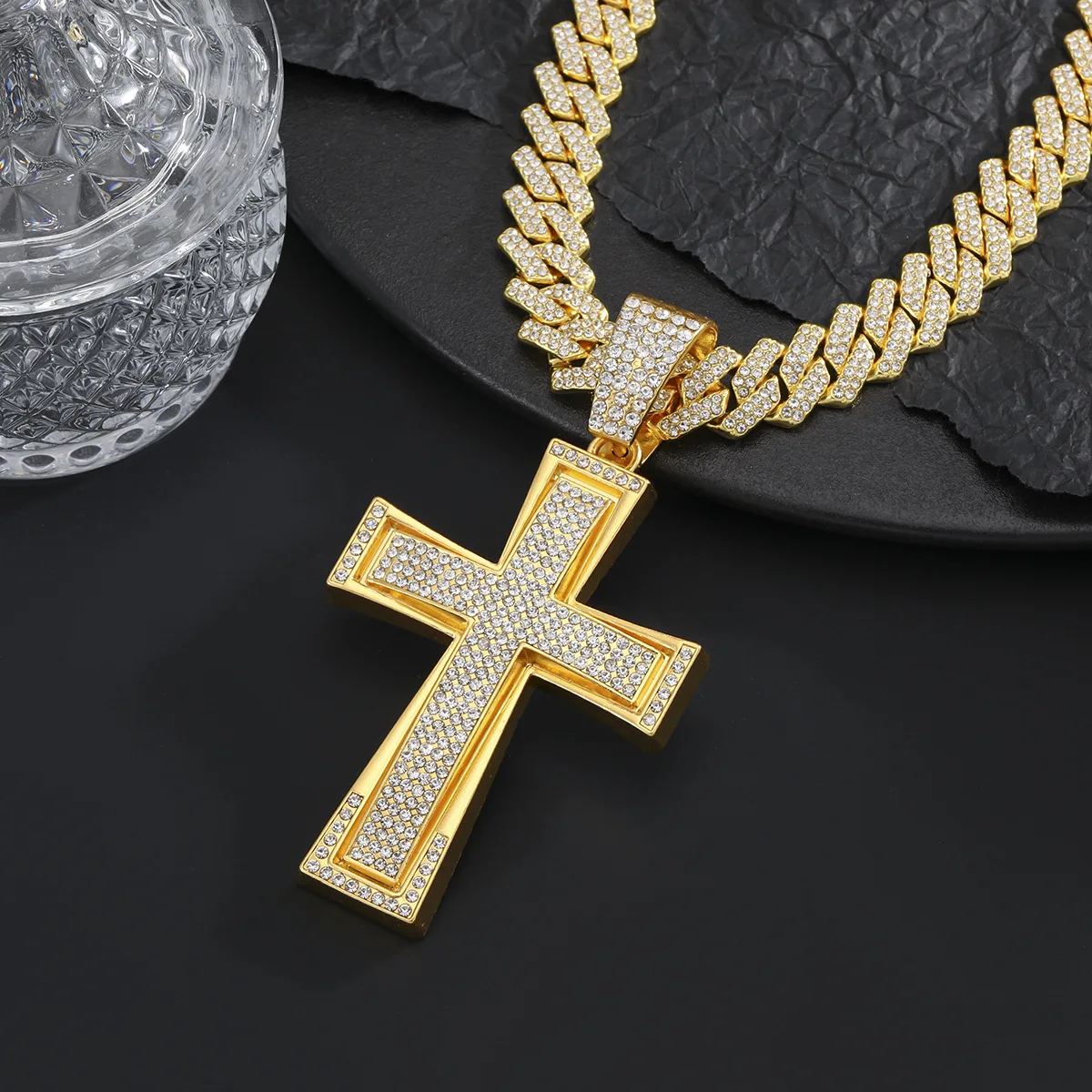 Men Women Hip Hop Cross Pendant Necklace with 14mm 45cm Cuban Chain Hiphop Iced out Pendants Necklaces Fashion Punk Jewelry Gift
