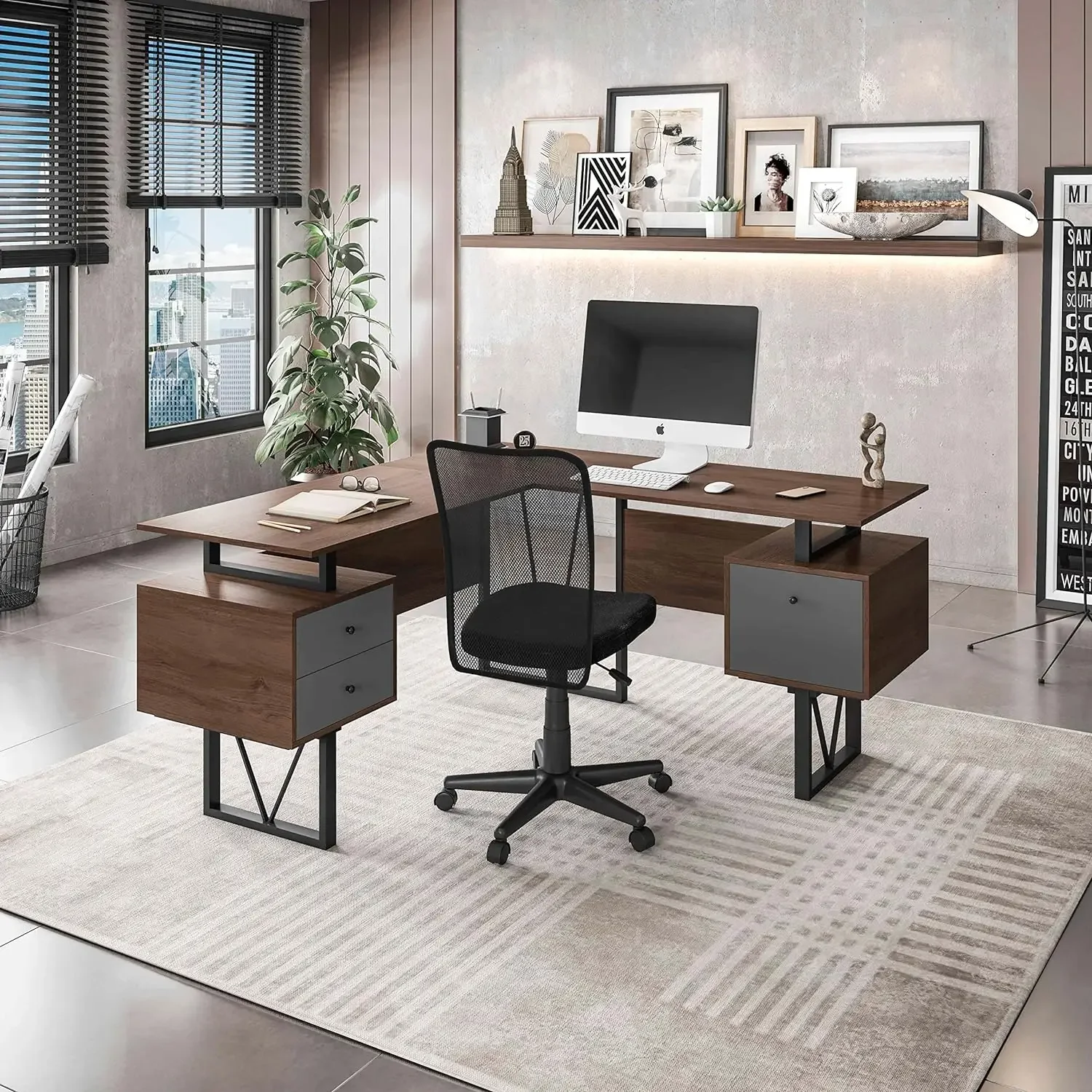 Laci dan lemari arsip serbaguna Modern dapat dibalik, meja kantor rumah, 59 "W x 57.3" D x 30 "H, coklat, abu-abu