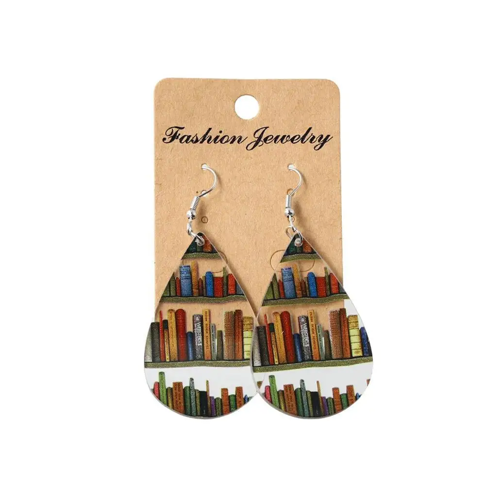 Acrylic Library Bookshelf Print Earrings Fashion Book Lovers Earrings Geometry Round Teardrop Wood Pendant Earrings For Woman