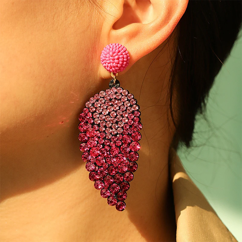 PU Leather Leaf Shape Beads Full Shiny Crystal Fuchsia Drop Earrings Jewelry for Women Luxury Long Earring