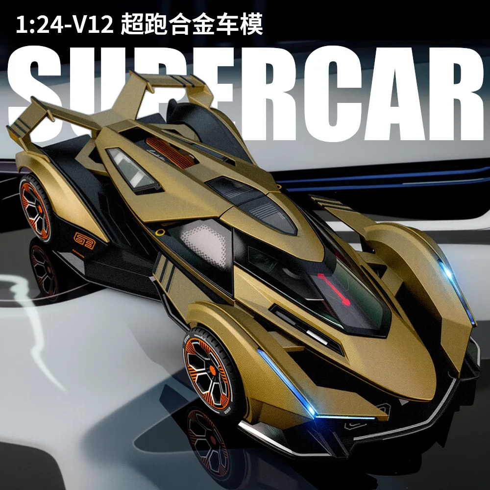 1:24 V12 GT Miniature Model Toys Diecast Alloy Car Sound Light Pull Back Doors Opened Sportscar Christmas Gift