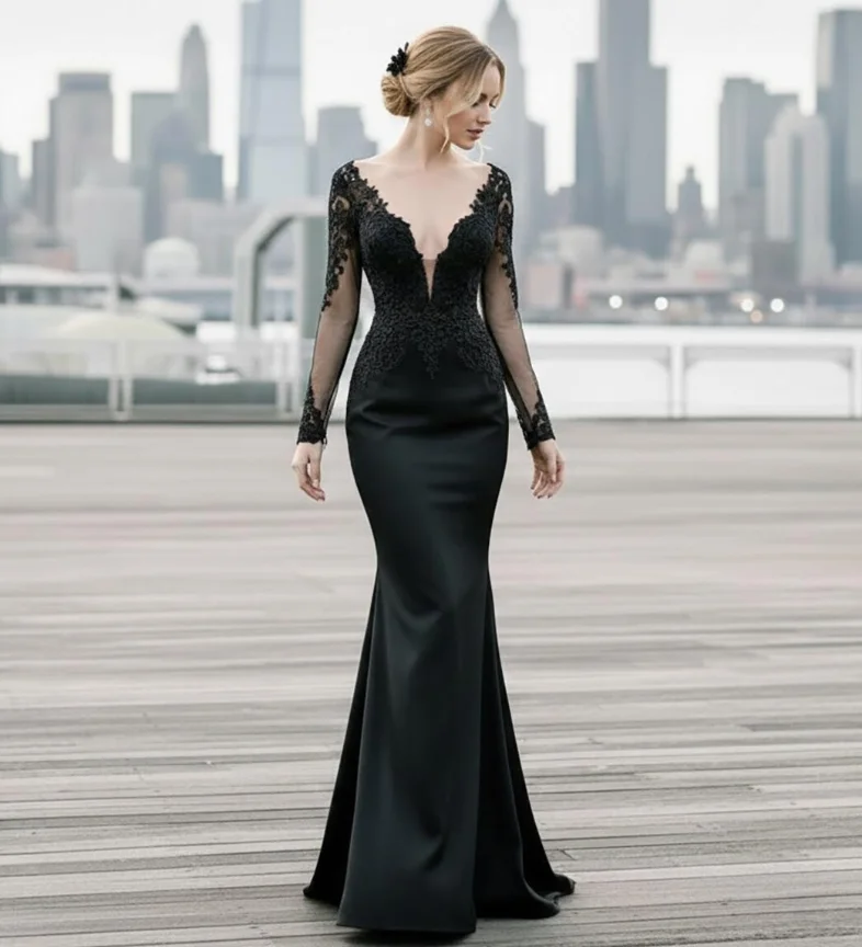 Vintage Black Gothic Wedding Dress With Overskirt Train Mermaid V Neck Lace Rustic Country Garden Bridal Dress Bohemian Beach