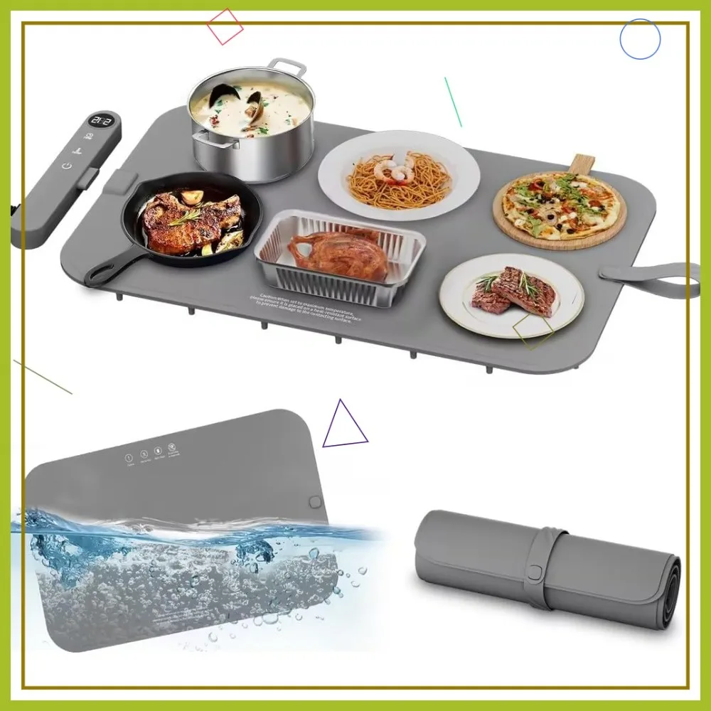 

Electric Warming Mat for Food, Waterproof Heating Tray with 6 Temp Modes & 6H Timer, Countertop Food Warmer for Parties, Gray