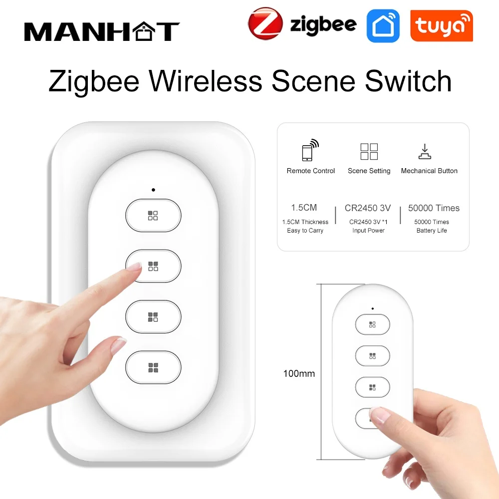 

Беспроводной умный переключатель сцен Manhot Zigbee, 4 группы 12, переключатель сцен, кнопочный контроллер, сценарий домашней автоматизации, устройства Tuya