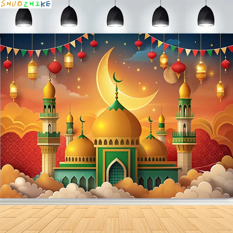 مسجد الخرسانة رمضان لامعة الذهبي الهلال القمر الفوانيس خلفية العربية الإسلامية قصر خلفيات للتصوير الفوتوغرافي ZS-01