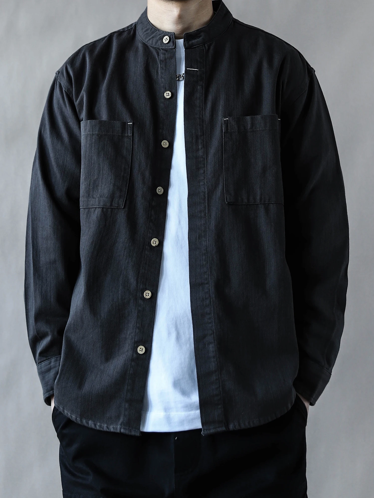 

American Retro Pure Cotton Long Sve Men's irt Spring Loose Casual Color Button up ey Stand Collar Open Cardigan