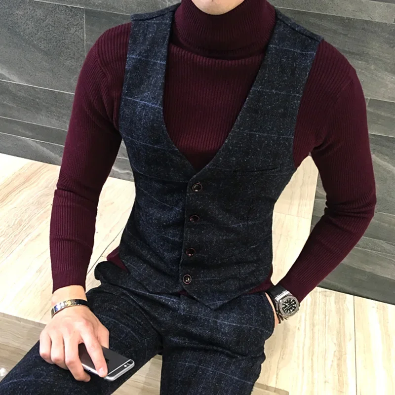 Fine Cotton Fashion High-quality Goods Men\'s Grid Formal Wedding Dress Waistcoat Suit Vest Male Thick Grid Business Suit Vests