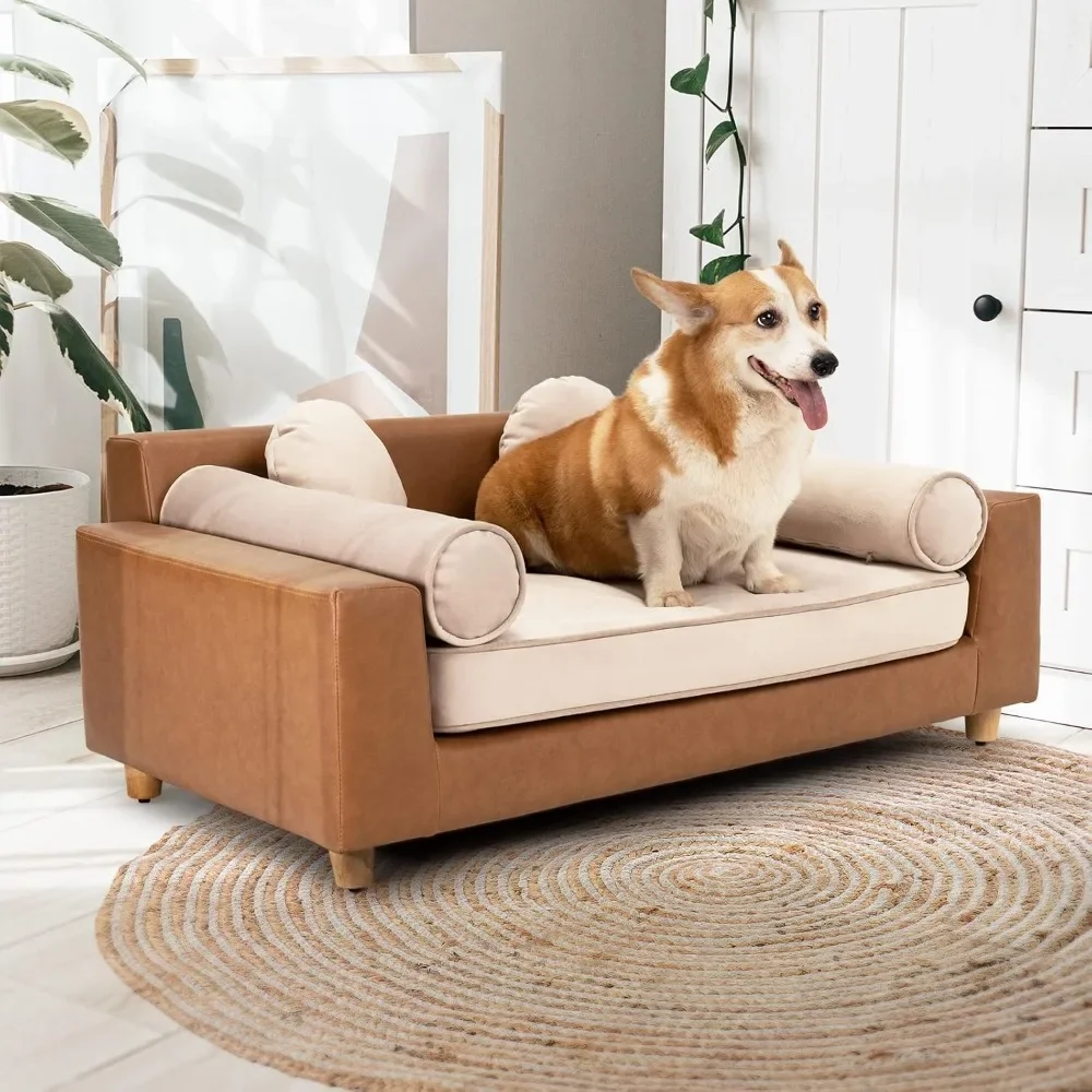 Luxuriöses Hundeschlafsofa, luxuriöse 42-Zoll-Haustiercouch aus Leder für große Hunde, waschbares Samtkissen, stabiles Holzrahmen, Hundebett