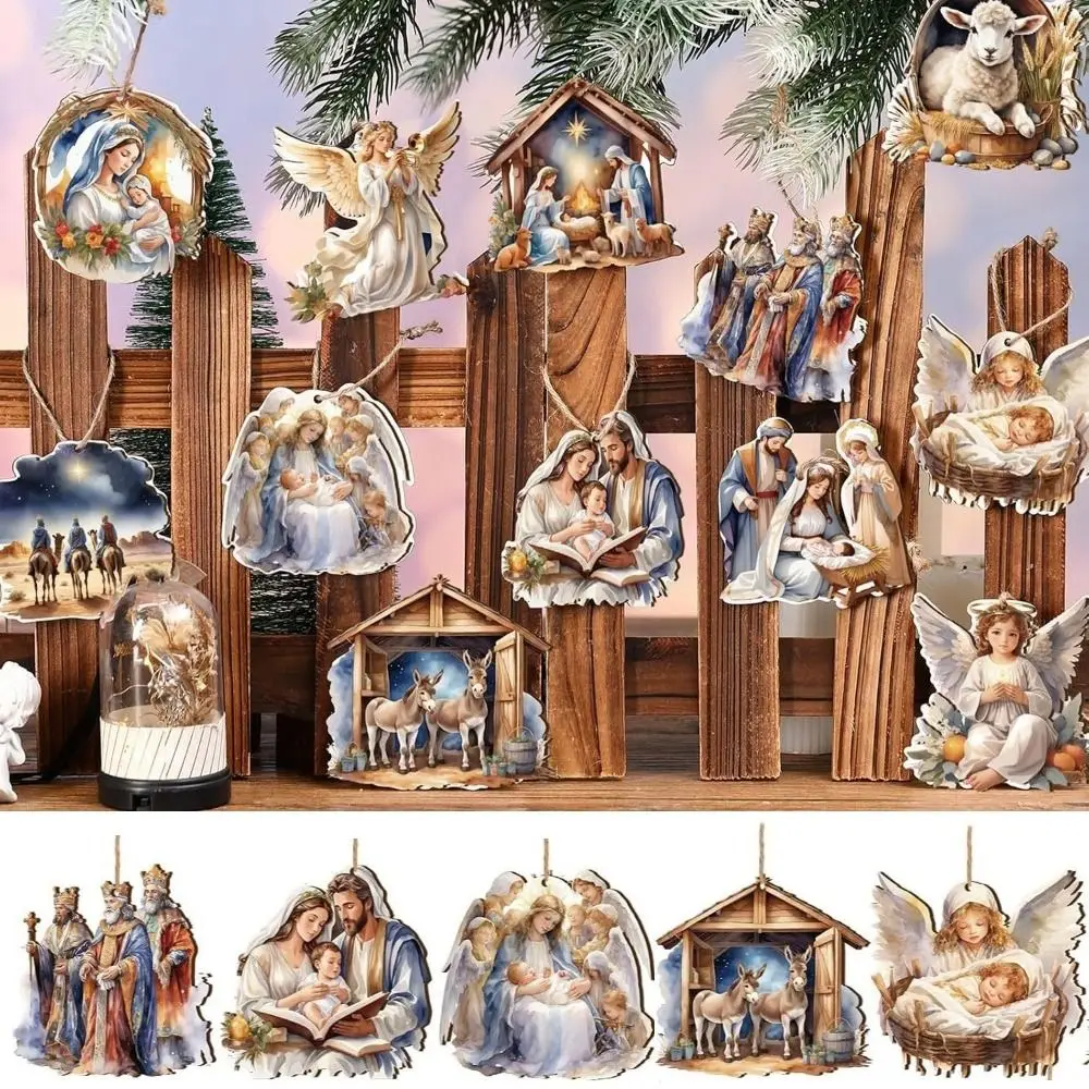 12/24/36pcs Wooden Christmas Nativity Pendant Christmas Tree Decoration Flat Shape Painted Pendant Hanging Thatched Hut