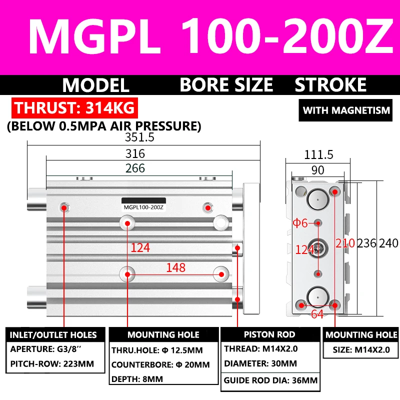 

Пневматический компактный направляющий цилиндр серии ABILKEEN MGPL MGPL100-200Z, диаметр 100 мм, ход х 200 мм, треххосевой трехштоковый воздушный цилиндр