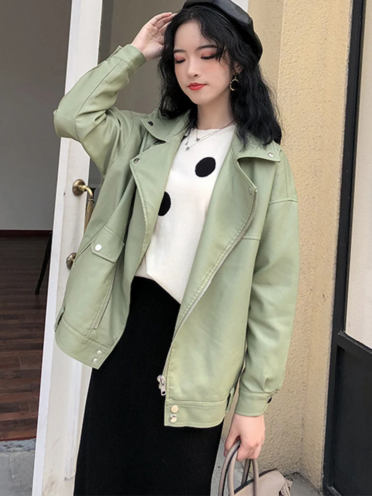 FTLZZ-chaqueta de cuero sintético para mujer, abrigo negro suelto, estilo BF, prendas de vestir para otoño