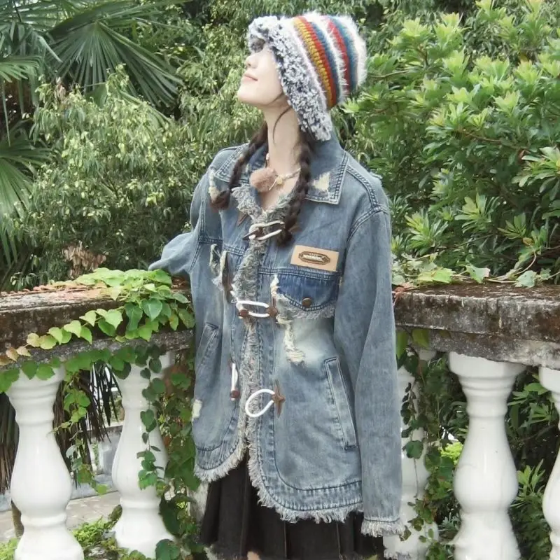 Women's Loose Fit Casual Denim Jacket Vintage Washed Rouge Cangle Buckle Detail Fried Street Style Autumn Top Outwear