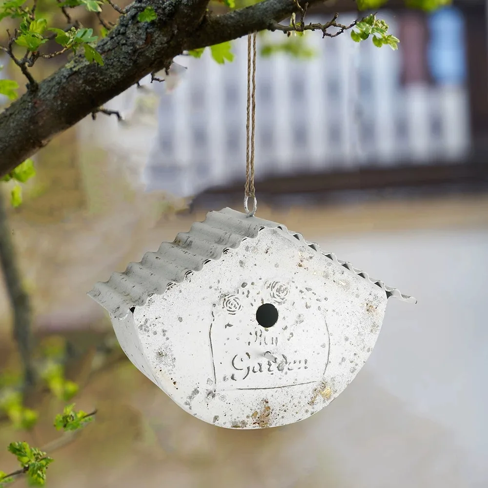 

Rustic Metal Birdhouse with Distressed Finish, Vintage Blue, Hanging Garden Decor with Rope, 9.1 x 6.7 x 4.5 Inches