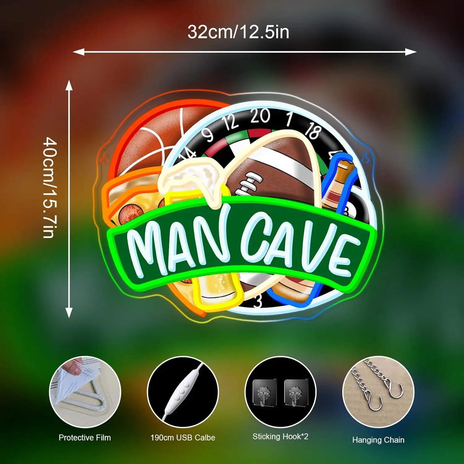 Sports Themed Man Cave Neon Sign Dimmable LED Light for Bar Gamer Room Bedroom Football Basketball Beer Decoration Night Light