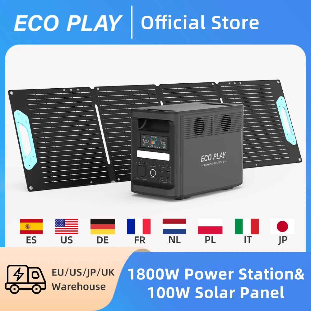 

Солнечная панель ECO PLAY 100 Вт 200 Вт 400 Вт Зарядное устройство для солнечной энергии с аккумулятором LiFePo4 EP1800 1536 Втч Портативная электростанция для кемпинга RV