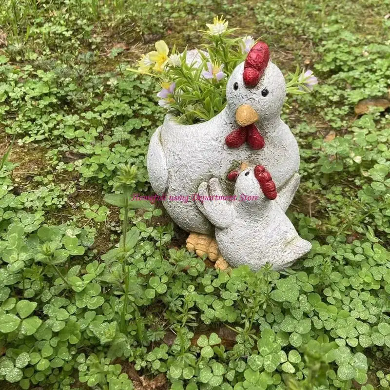 Decorative Hen Figure with Chick, Sculpting Face and Wing Detail, Resin Small Planter Pot for Farm Theme Farmhouses Shelf