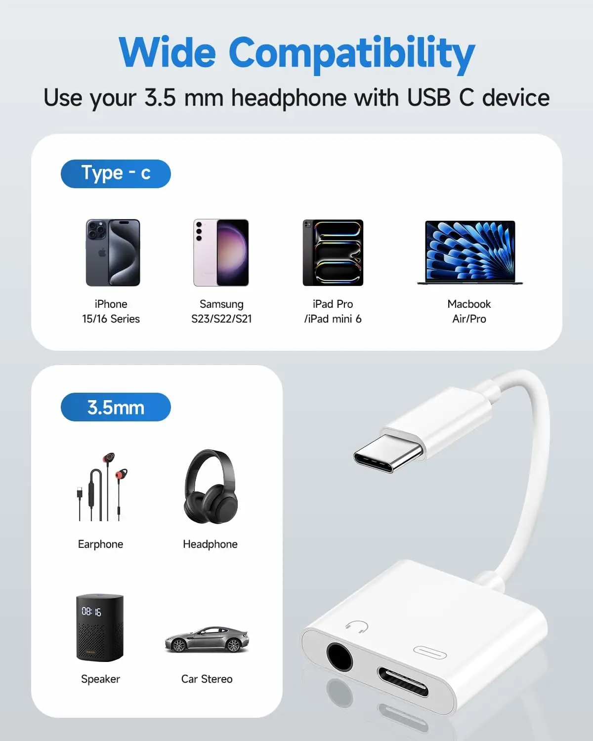 محول شاحن USB-C إلى 3.5 ملم لسماعات الرأس والشاحن، عبوتان، من النوع C إلى Aux Dongle مع شحن سريع PD لهواتف iPhone وiPad وSamsung