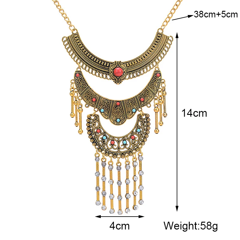 Ethnic Vintage Gold Color Geometric Metal Tassel Statement Necklaces for Women Boho Temperament Hollow Carved Jhumka Jewelry