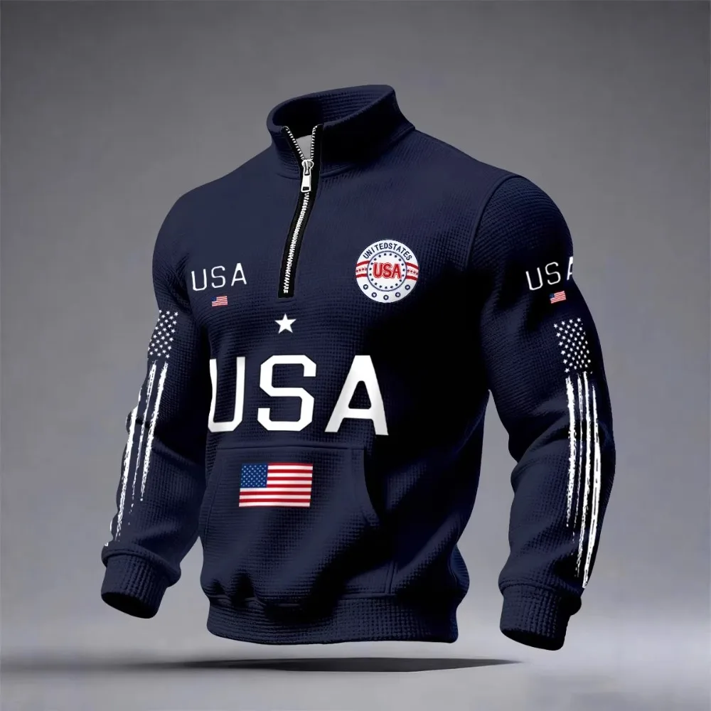 Thin Sporty Streetwear Men Half Zip Sweatshirt  Flag Print Stand Collar Top Long Sleeve American Vintage Pullover Casual Hoodies