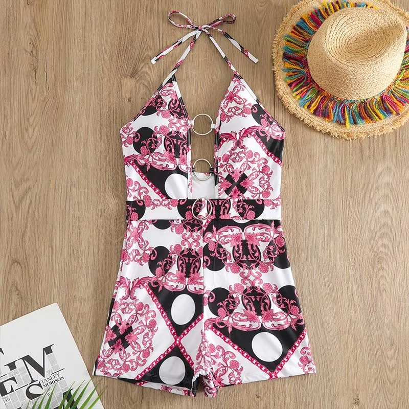 

2024 Sexy One Piece Swimsuit Women Ring Linked Plunge Swimwear Print Boyleg Jumpsuit Bathing Suits Beach Monokini Swimming Suit