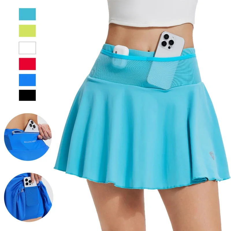 

(S-3XL)Женская теннисная юбка с высокой талией и карманами со встроенными шортами, 2-слойная противоскользящая спортивная юбка для гольфа, бега и фитнеса