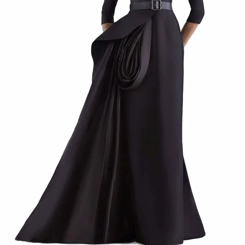 SILIWEYA Black Suit Formal Dress Elegant Women A-line Floor Length Belt Sleeves Satin Evening Gown Party Dresses Plus Size Chic