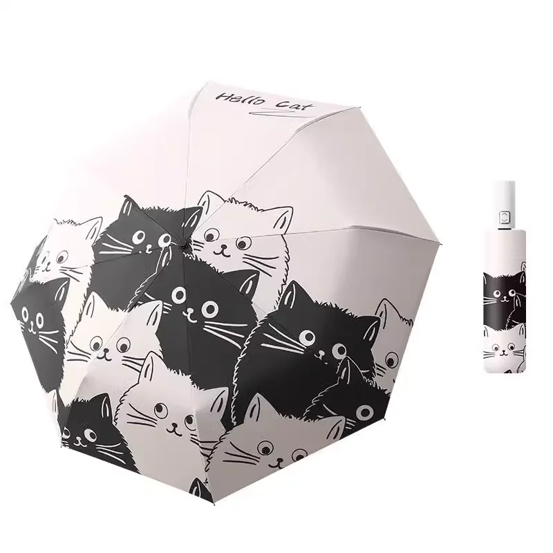 Guarda-chuva automático gato preto e branco para sol e chuva; guarda-sol portátil fofo com proteção UV; guarda-sol dobrável de borracha preta