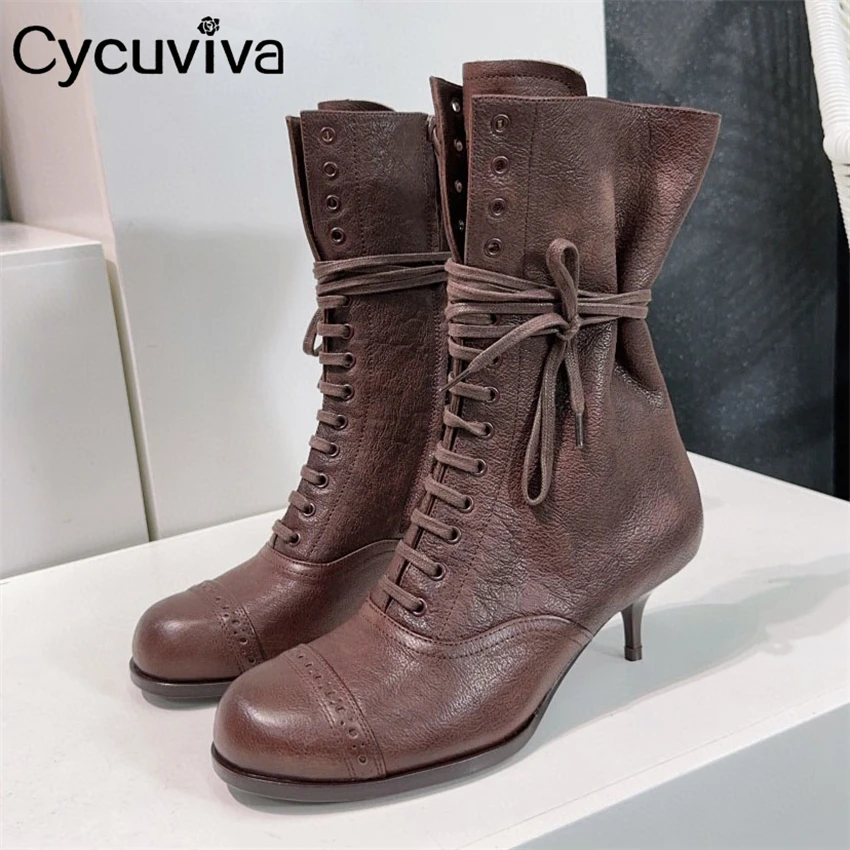 

Autumn Real Leather Mid Calf Boots Women Thin Heel Lace Up Party Shoes Ladies Cowboy Short Modern Boots Classic Botas Mujer 2024