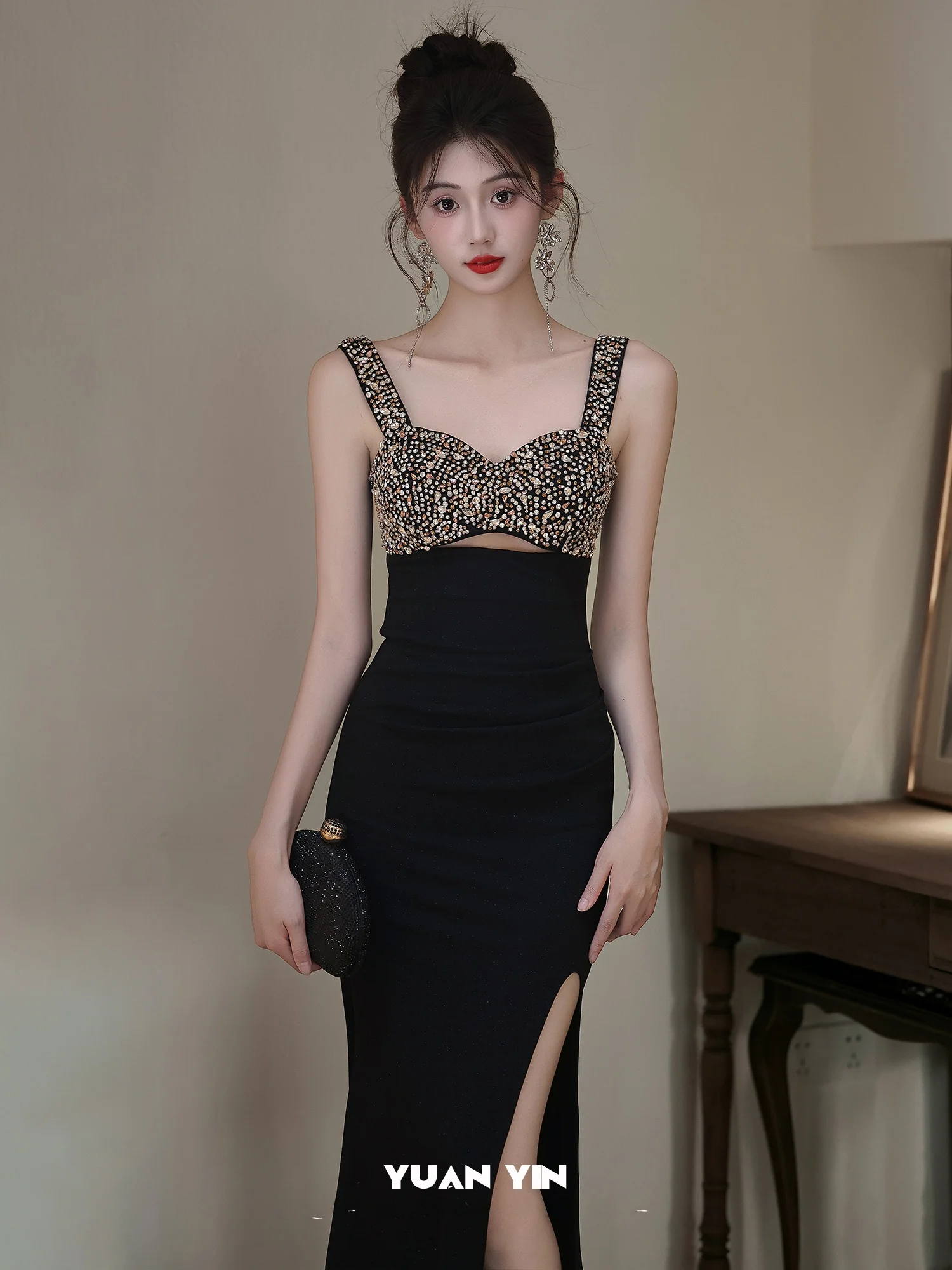

Ele Bla Evening Gown Women's New 2025 High-End Feel Fi Tail Dr Sexy Host Dr for Par Wedding Date Cany D...