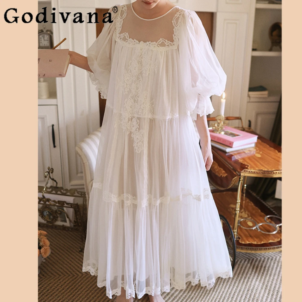 Summer 2024 Loose White Nightdress Ladie's Nightwear French Cotton Sleepwear Vintage Court Style Pajamas