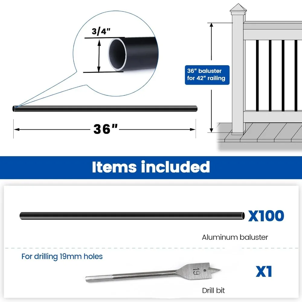 100 عبوة من الدرابزين المجوف من الألومنيوم الأسود مقاس 36 بوصة لمغزل الدرج والسلالم والشرفة بقطر 3/4 بوصة #2