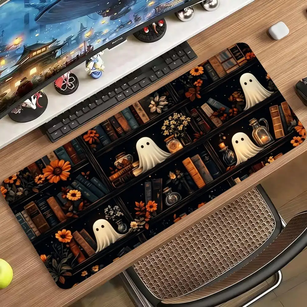 Ghosts Bookshelf Old Books Dark Academia Halloween Large Gaming Desk Mat Non Slip Rubber Base XXL Mouse Pad for Computer gamer